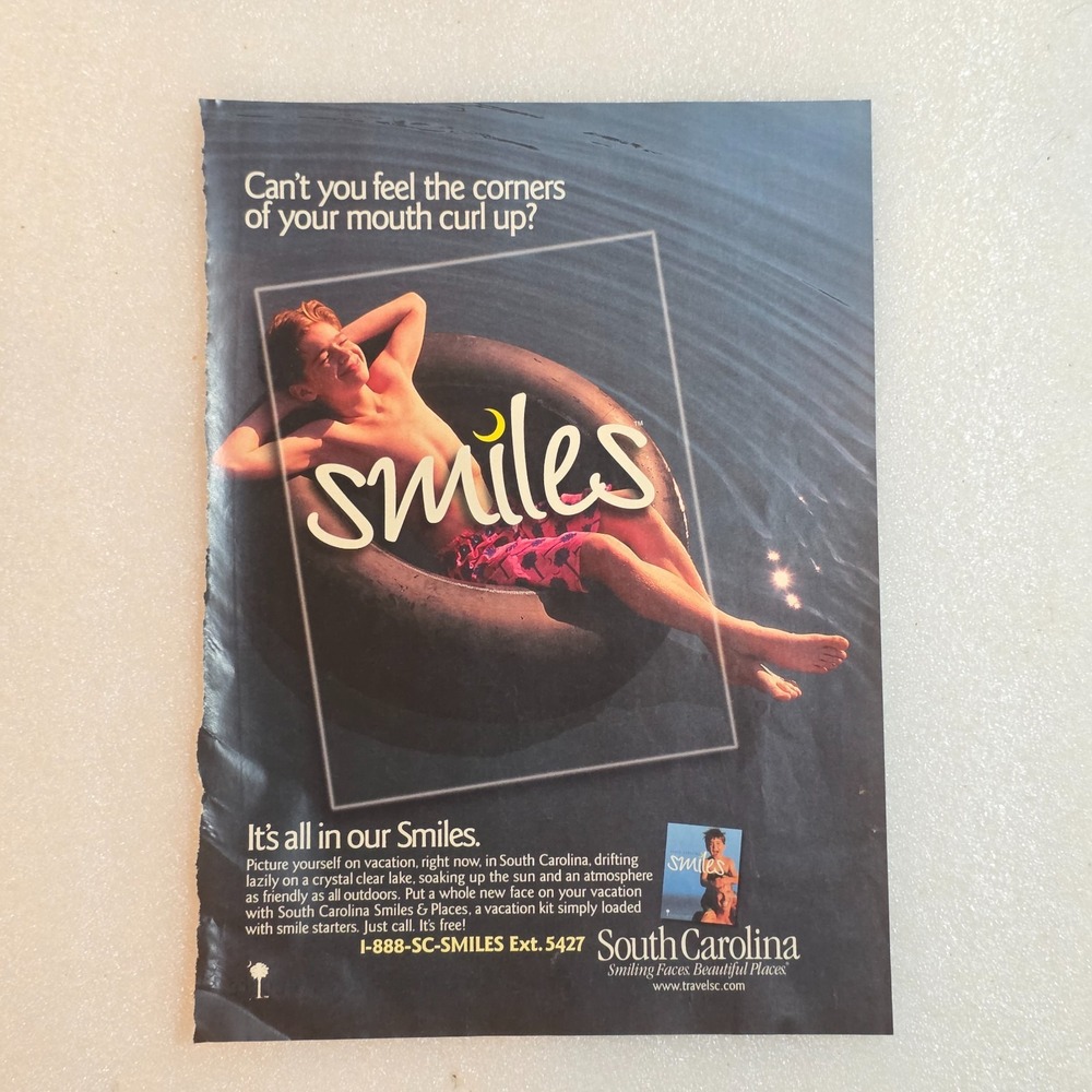 Vintage Print Ad South Carolina Smiles Boy Floating Tube 8x10.5 2000 Original